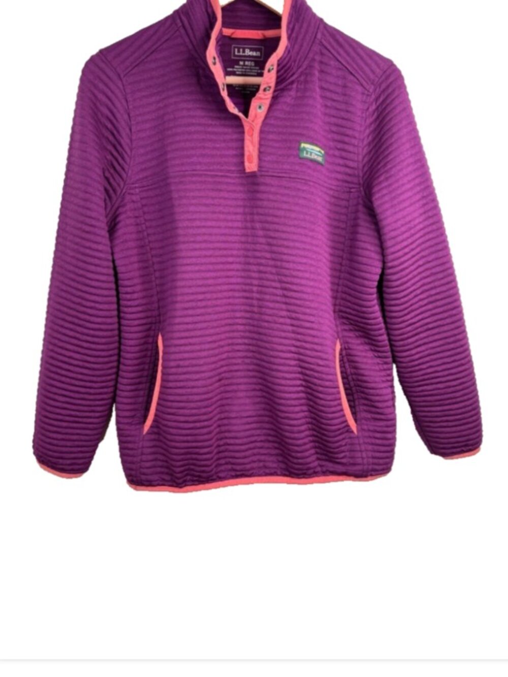 LL Bean AirLight Knit Quilted Pullover Women’s M 1/4 Snap T Purple Hiking Pocket